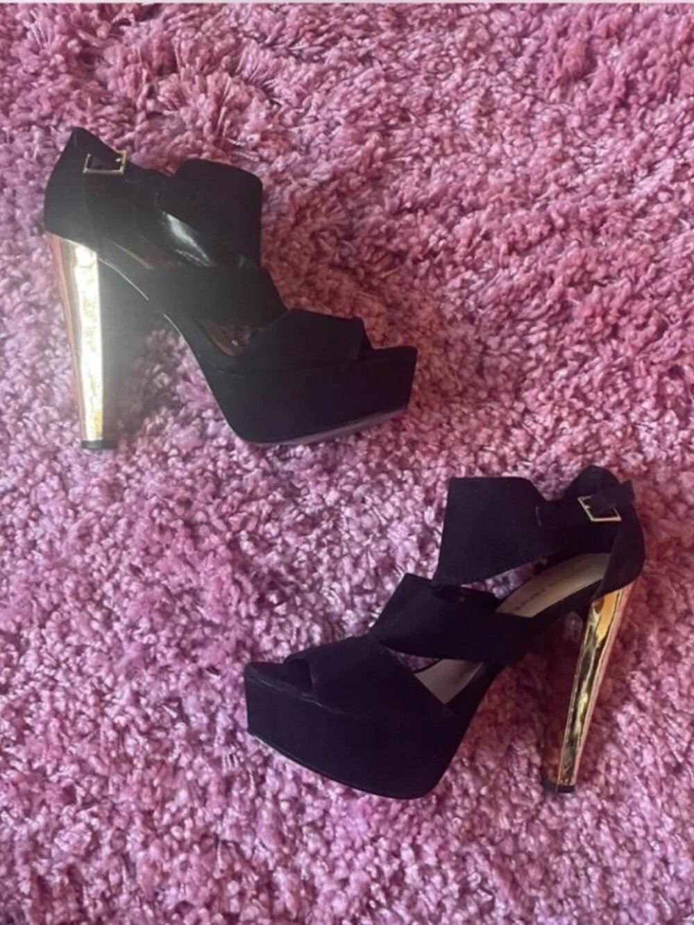 Black velvet platform heels with gold heel
